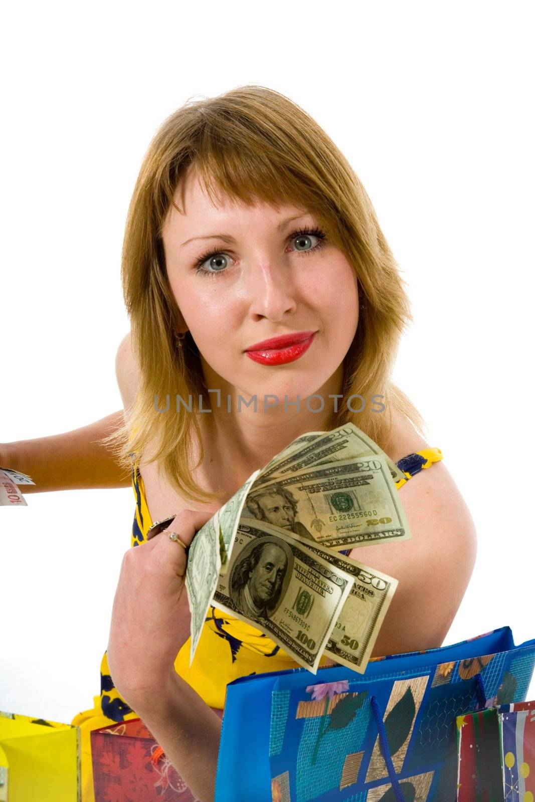 expressive woman  on white background  shopping