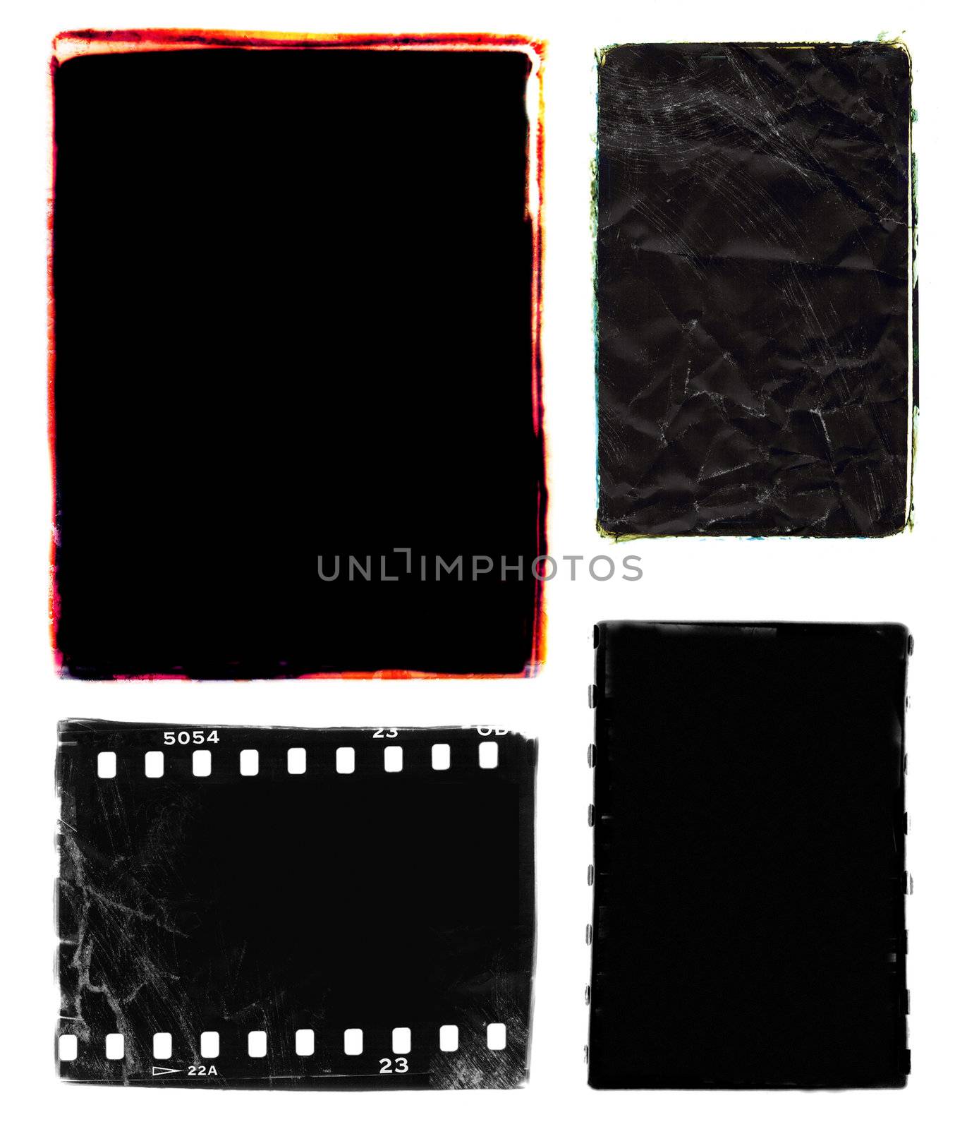 Series of four darkroom 35mm film photo borders with rough edges - one with sprocket holes, two with colour edges.  Frames were created by filing the metal edges of different negative carriers for my enlarger.  Scanned, mutilated and altered in photoshop.

