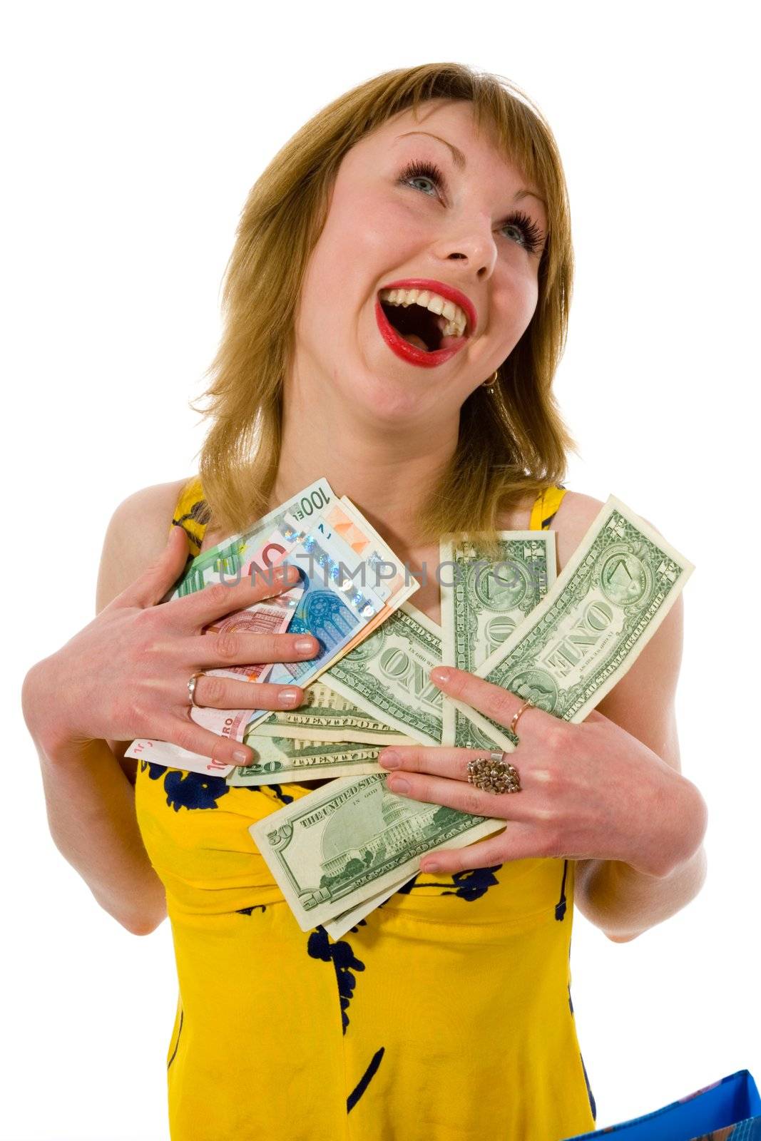 expressive woman  on white background  shopping