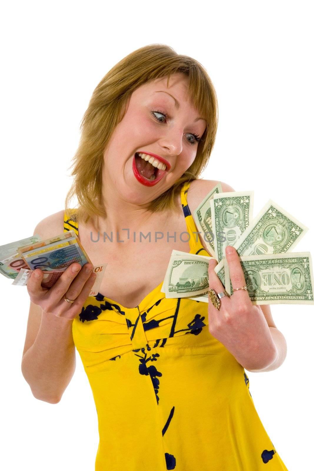 expressive woman  on white background  shopping