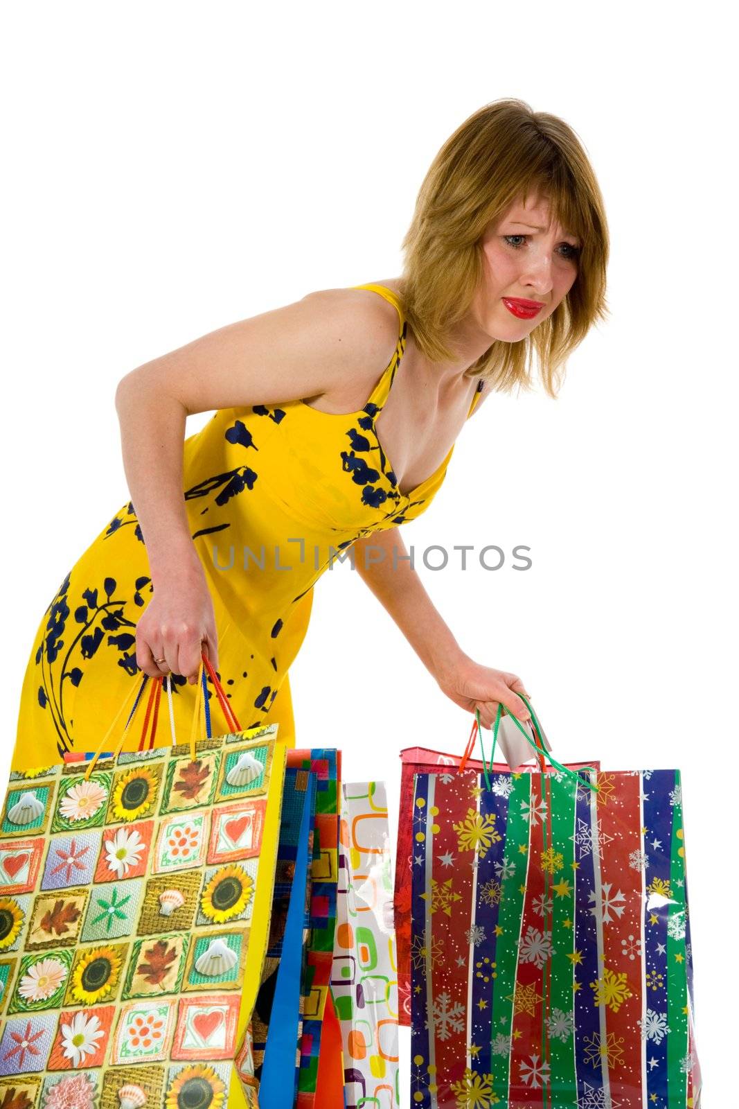 expressive woman  on white background  shopping