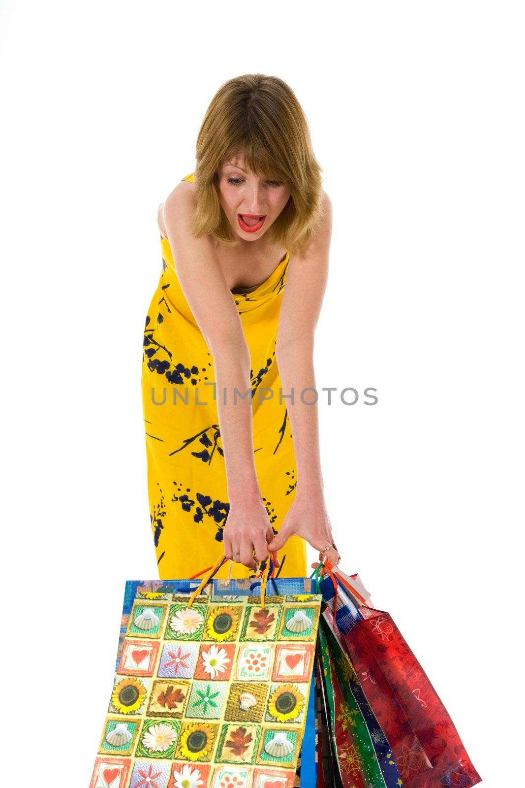 expressive woman  on white background  shopping
