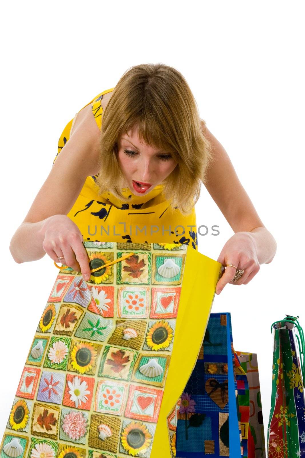 expressive woman  on white background  shopping