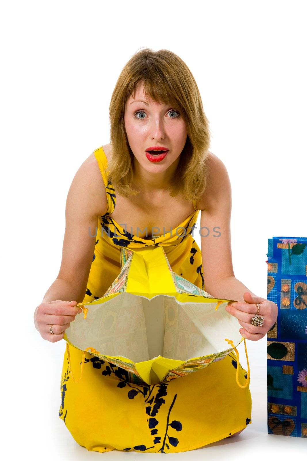 expressive woman  on white background  shopping