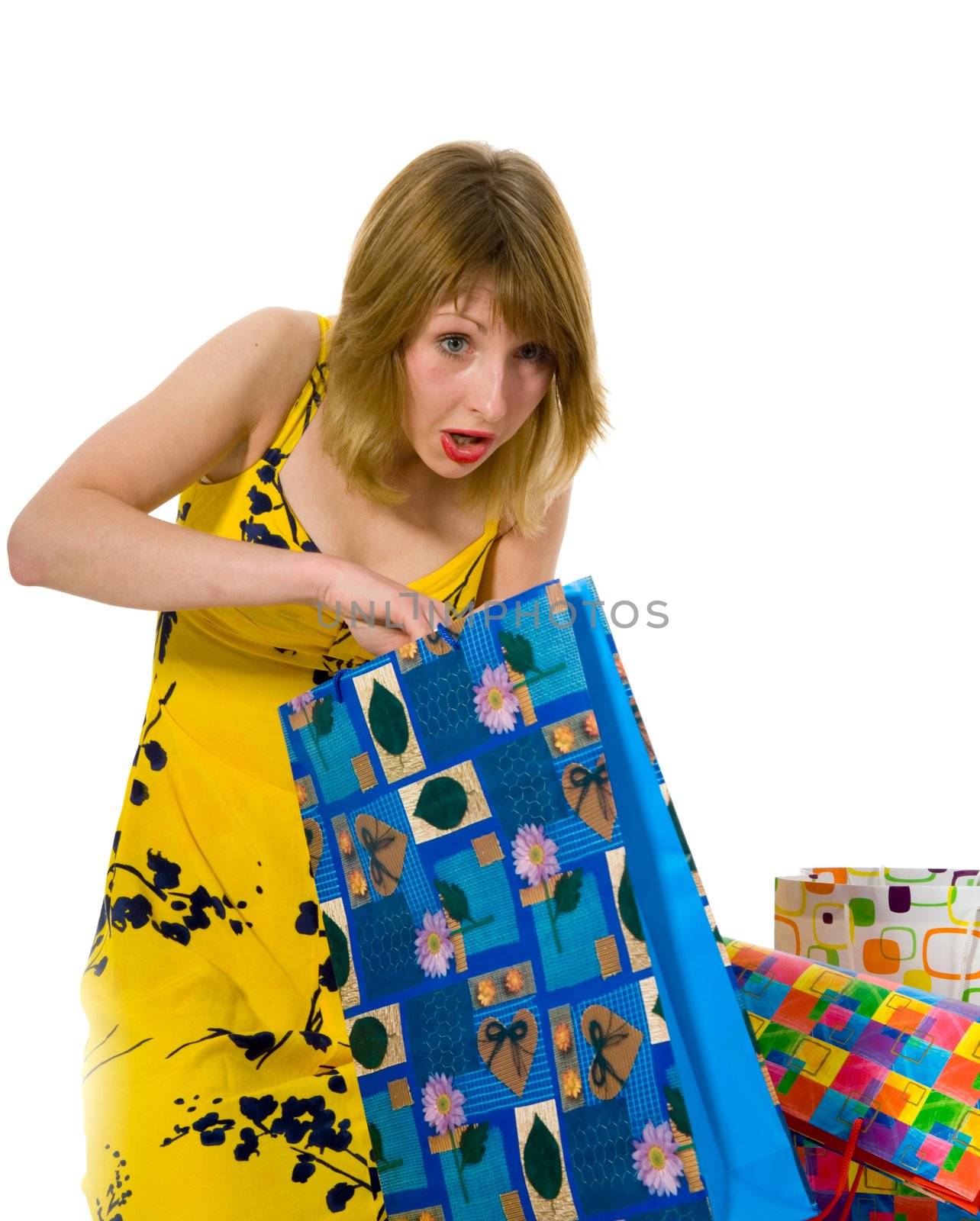 expressive woman  on white background  shopping