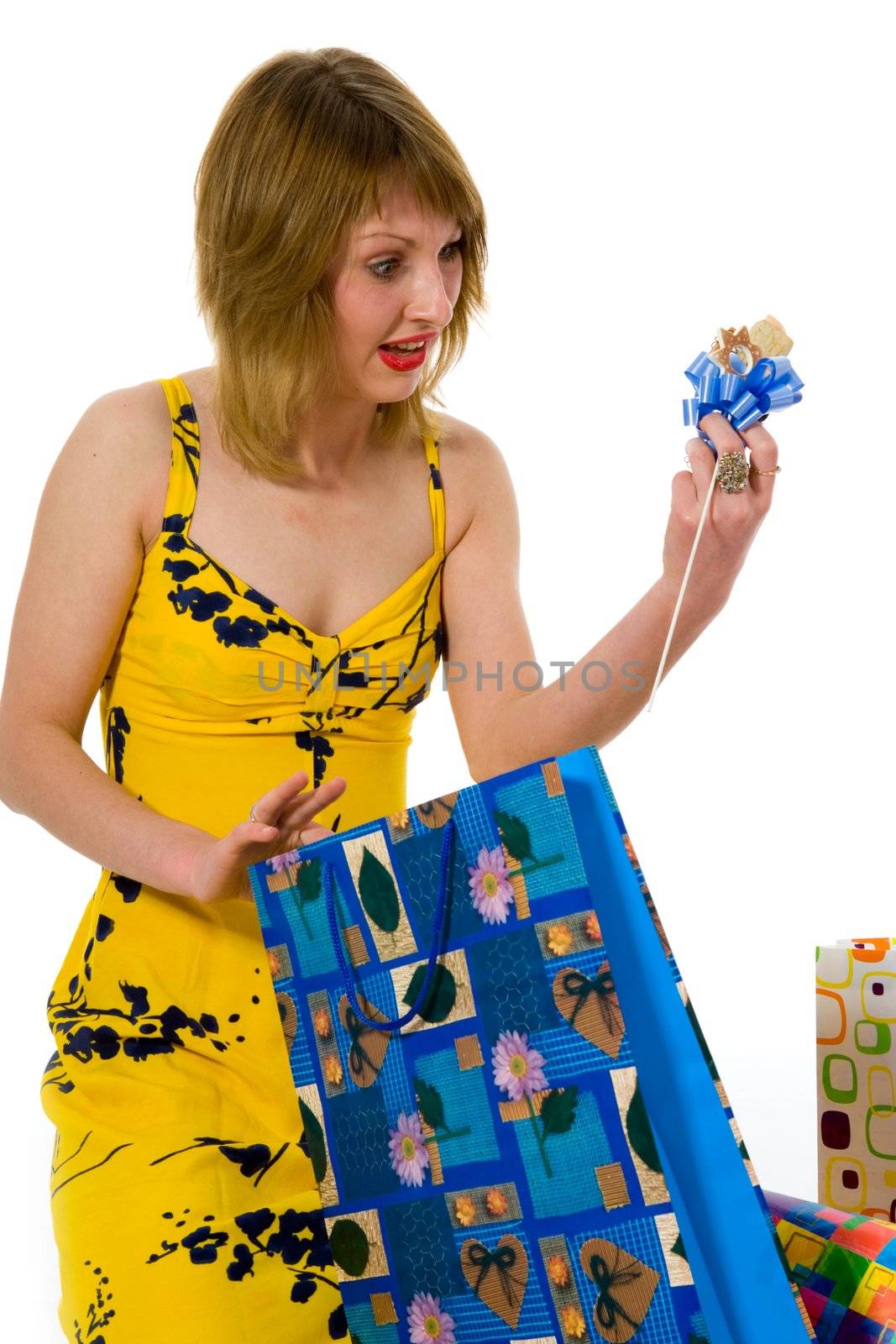 expressive woman  on white background  shopping