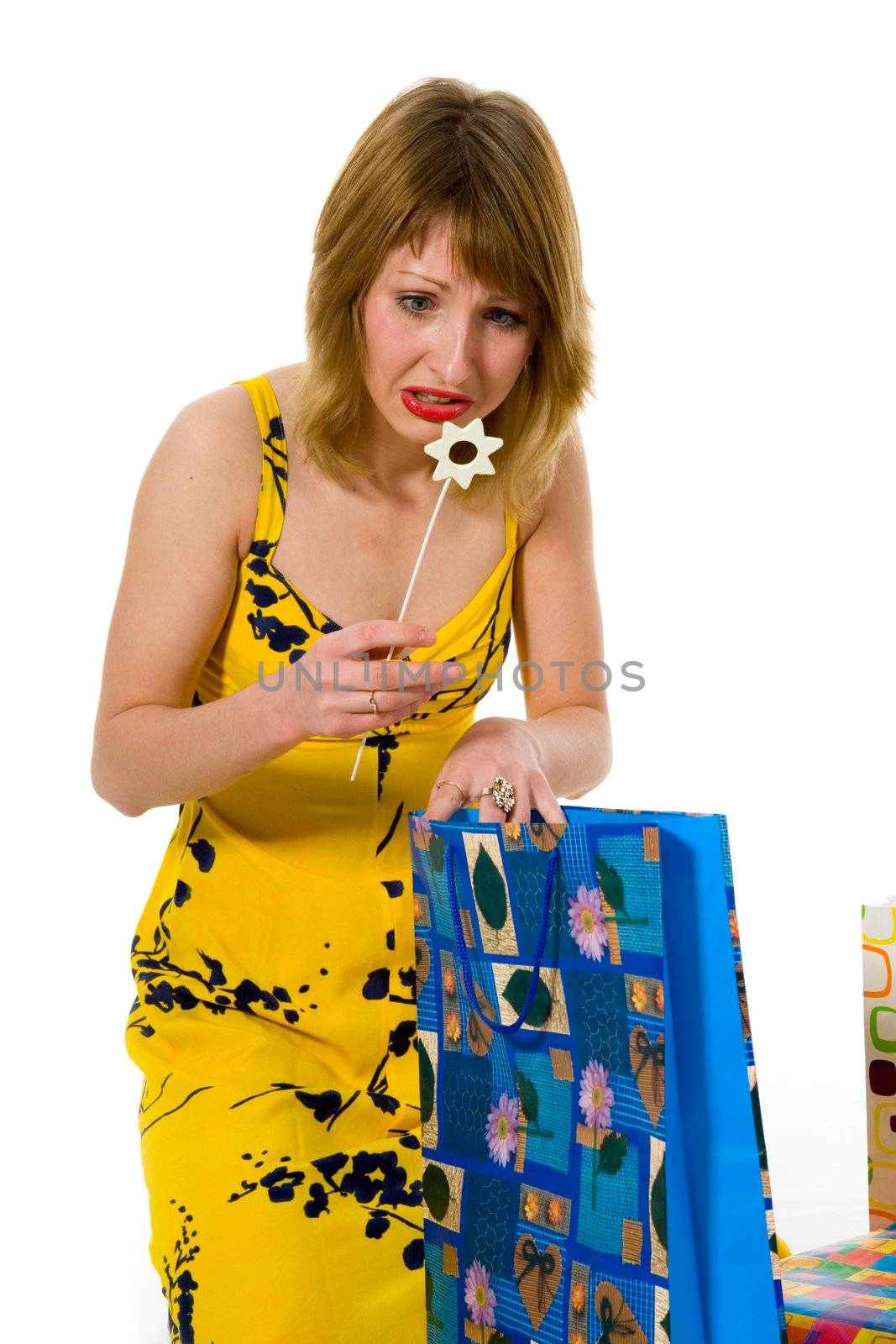 expressive woman  on white background  shopping