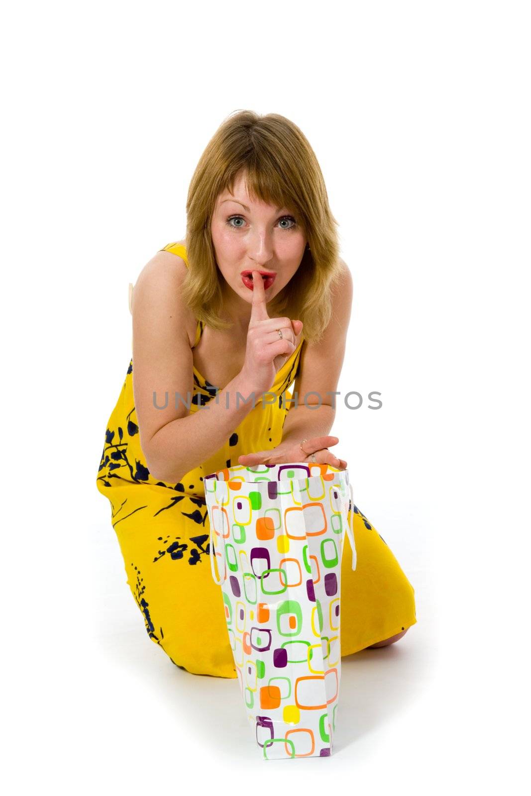expressive woman  on white background  shopping