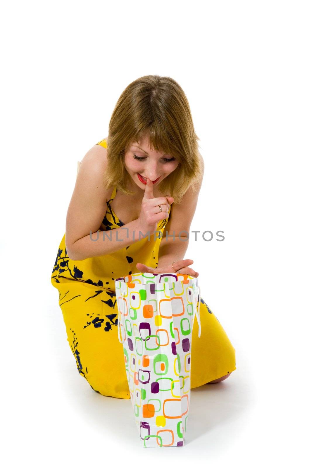 expressive woman  on white background  shopping