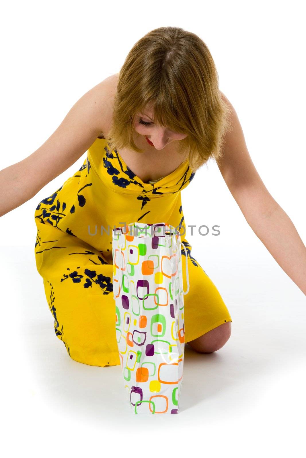 expressive woman  on white background  shopping