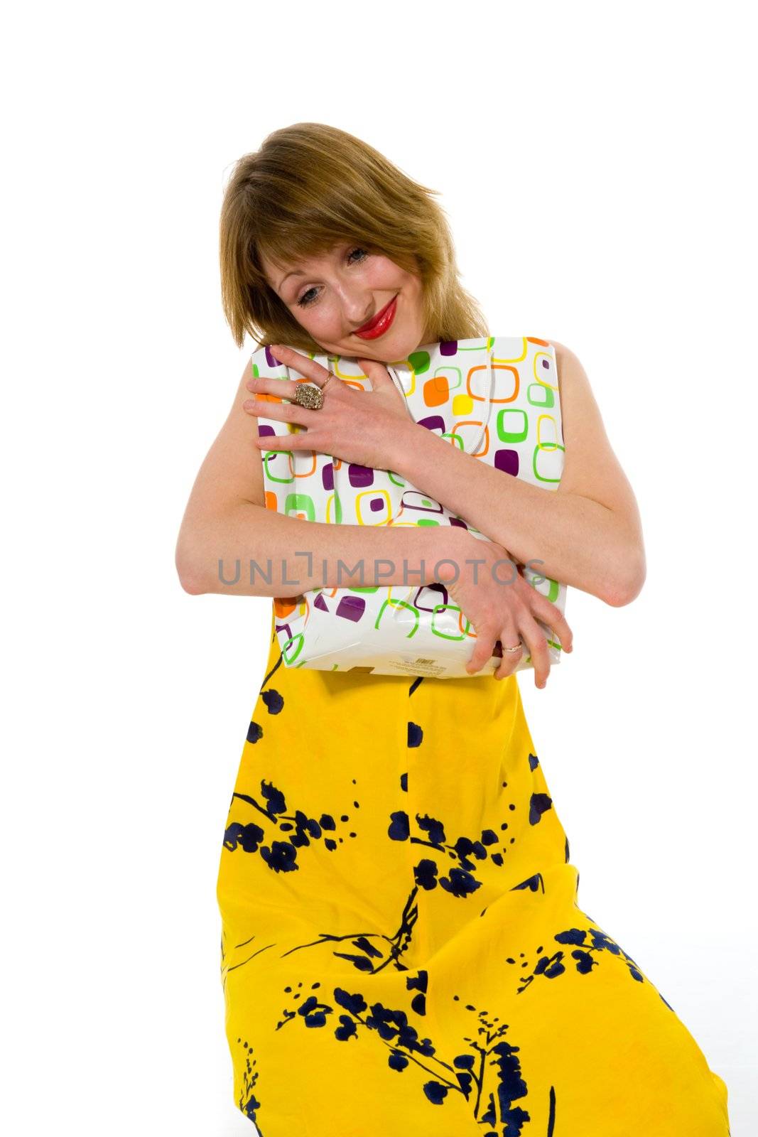 expressive woman  on white background  shopping
