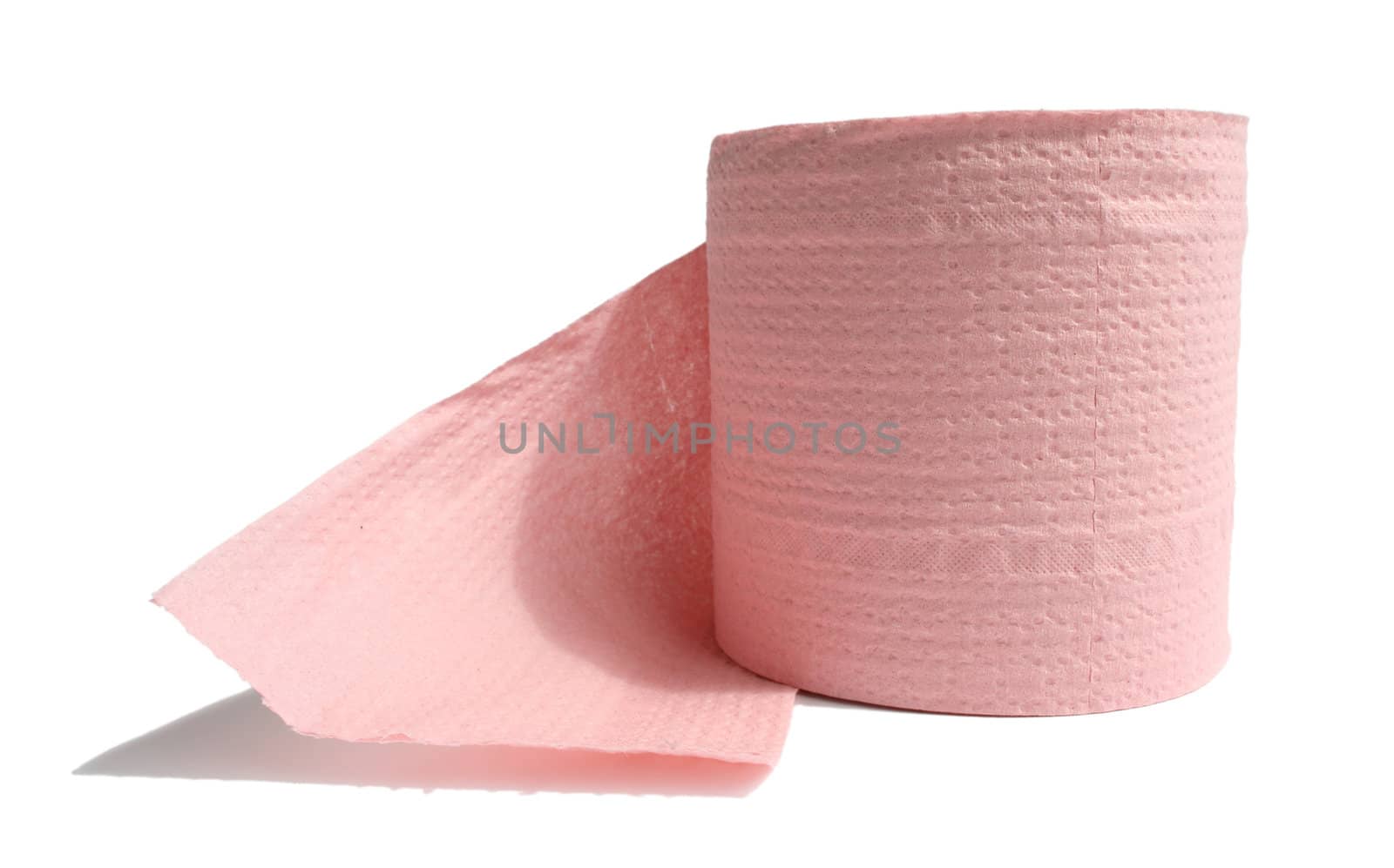 Roll of a pink toilet paper on a white background.