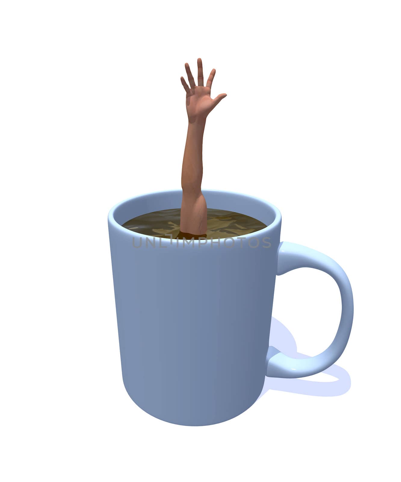 human arm in a coffee cup - 3d illustration