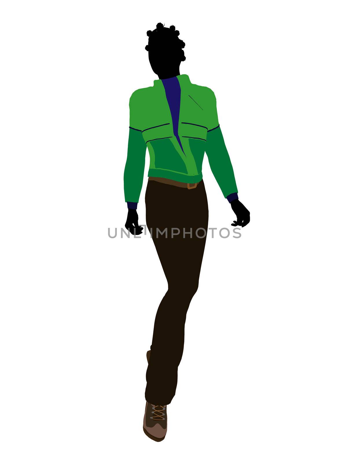 African american casual outdoor dressed female silhouette on a white background