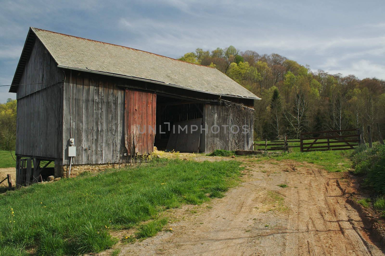 Abandoned barn and country scene.