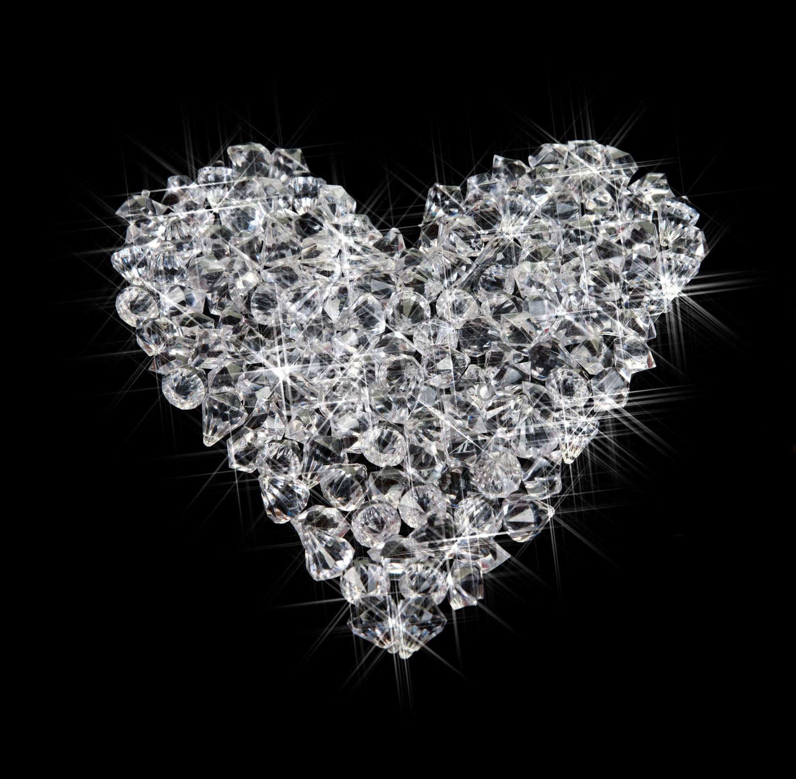 great love heart made of diamonds on black background