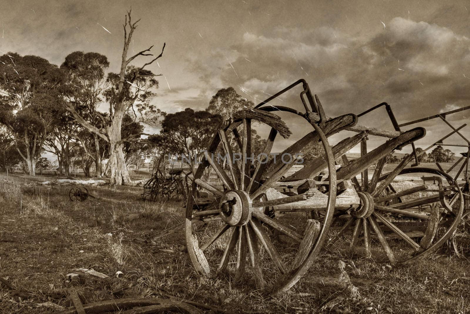 old scratched and dirty photo of wagon or cart