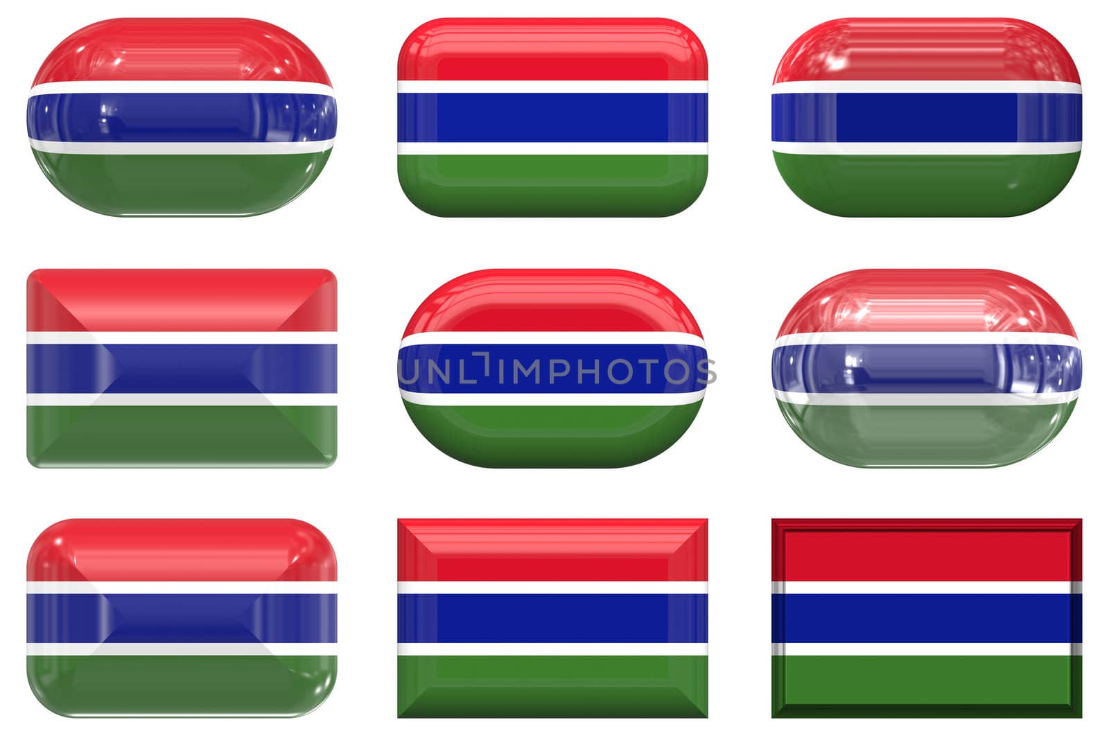 nine glass buttons of the  Flag of Gambia