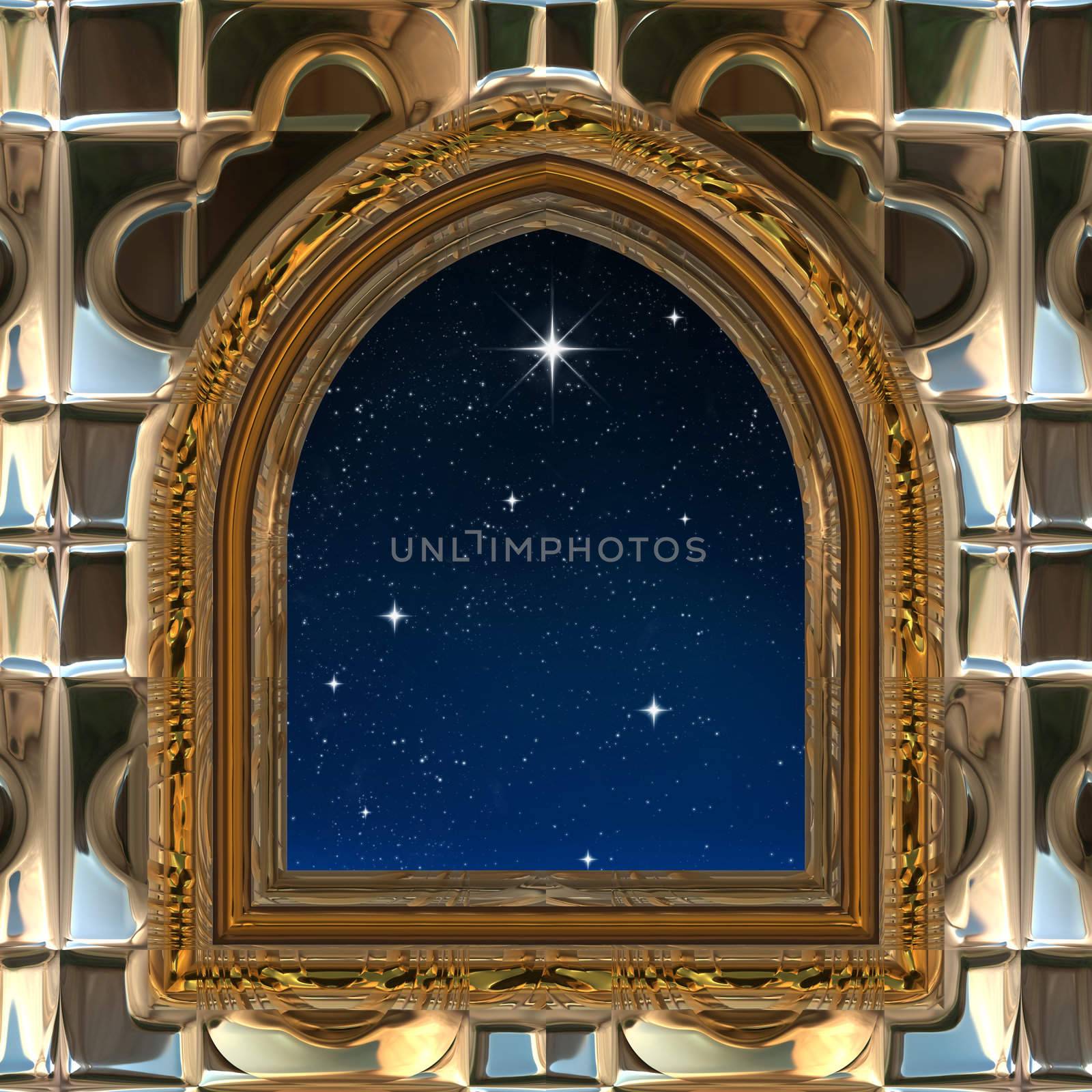 gothic or science fiction window looking into starry night sky with wishing star