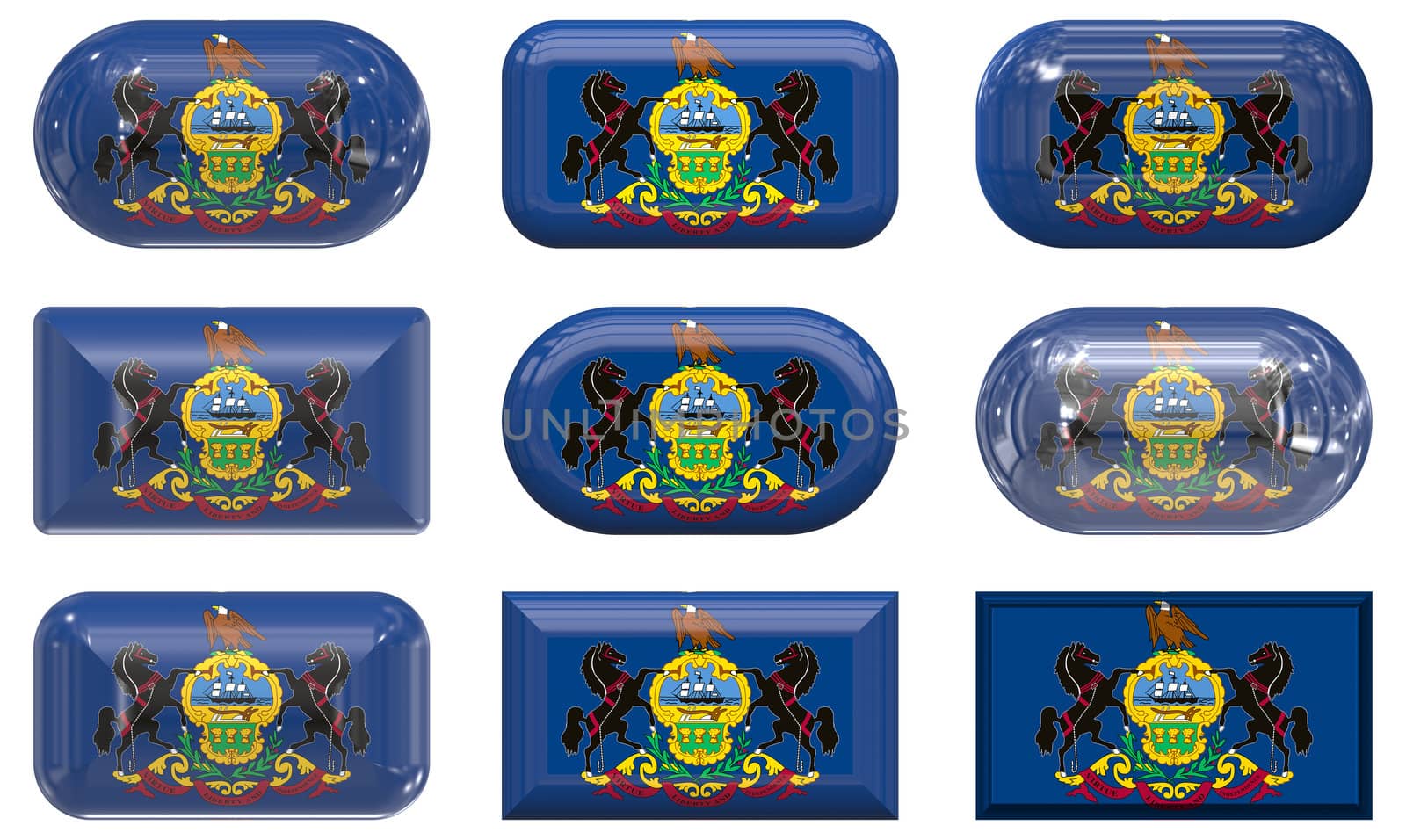 nine glass buttons of the  Flag of Pennsylvania