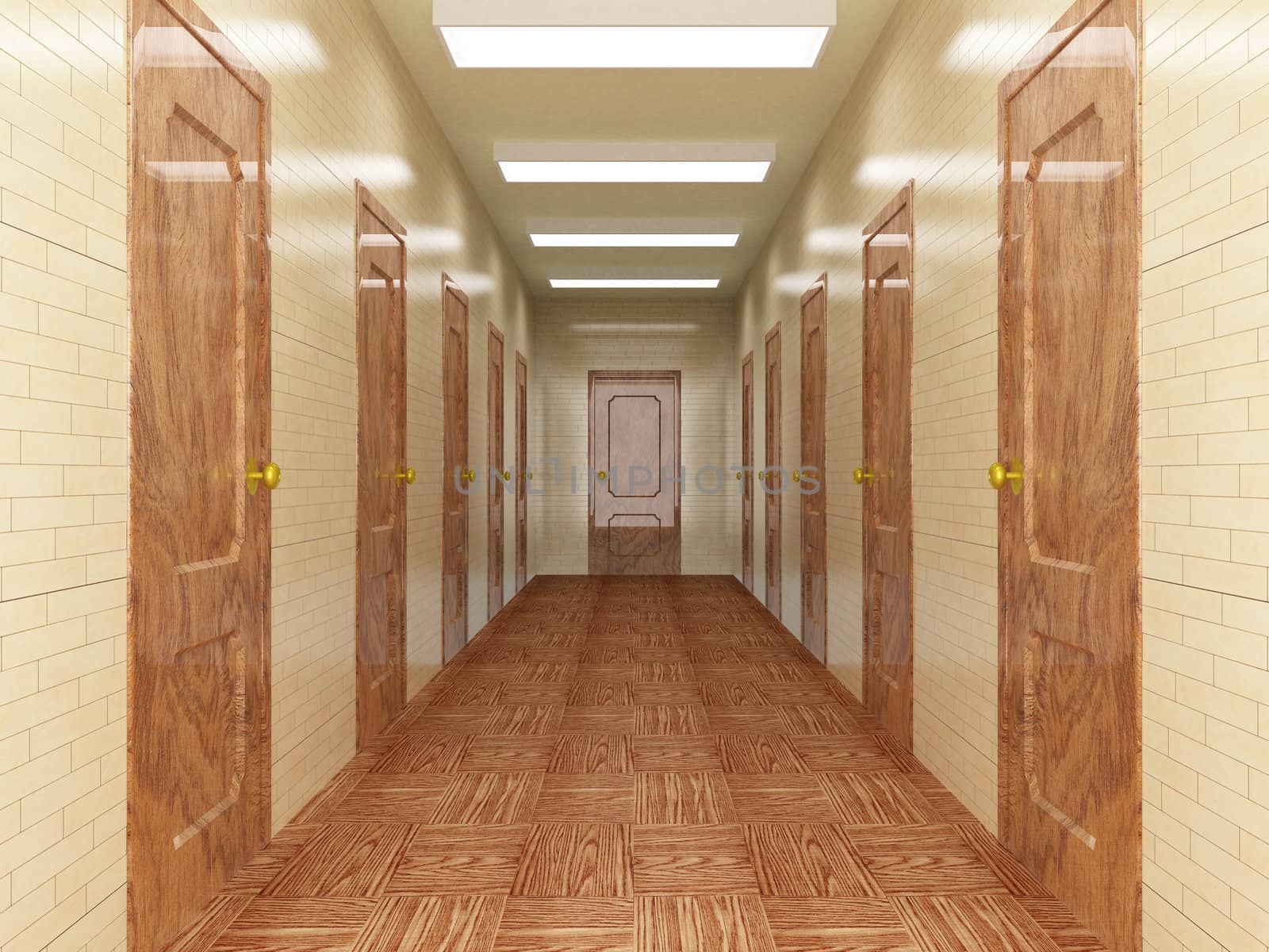 Corridor with a number of doors. 3D image.