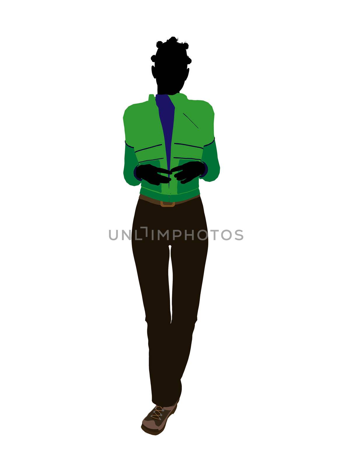 African american casual outdoor dressed female silhouette on a white background