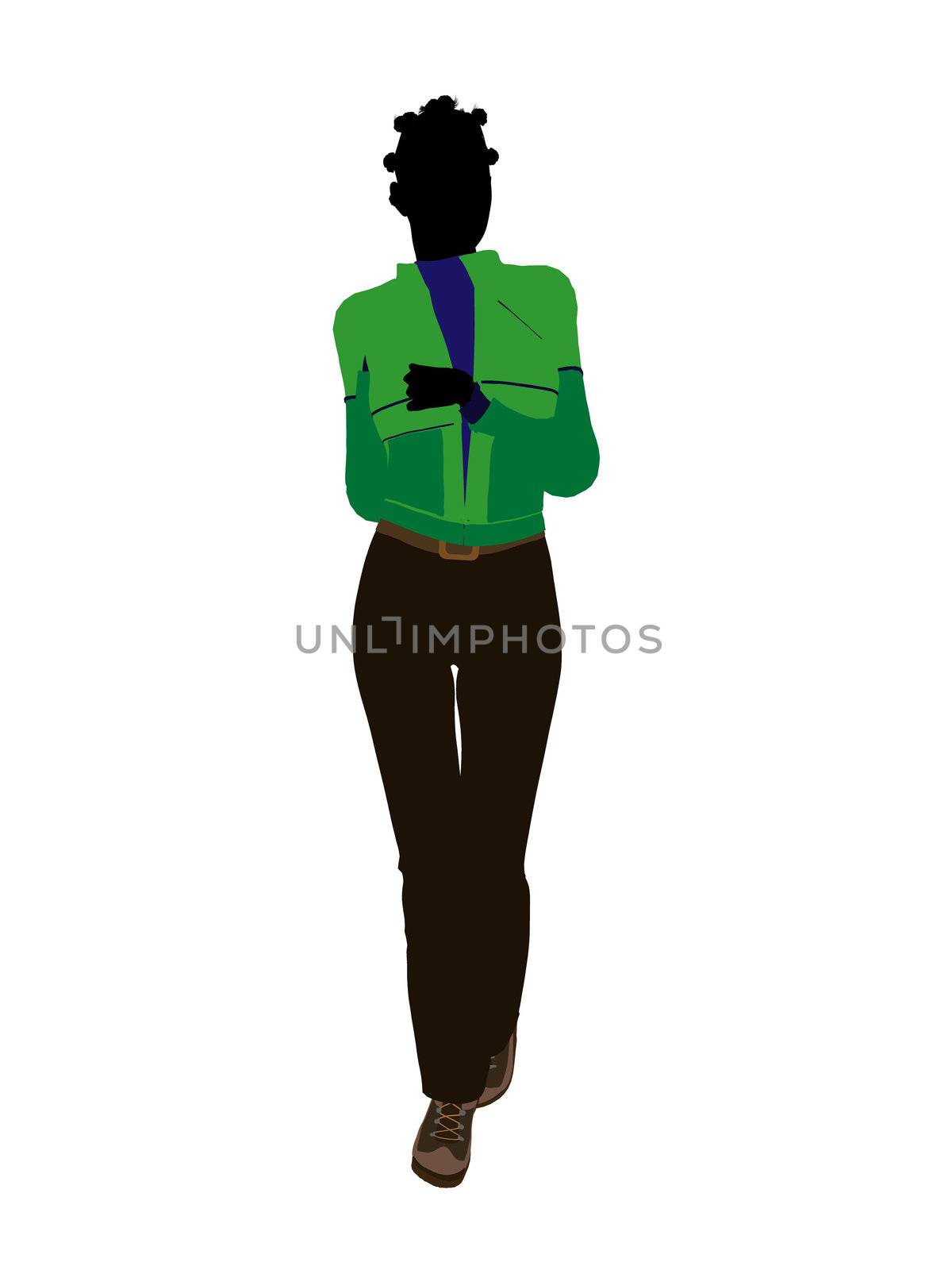 African american casual outdoor dressed female silhouette on a white background