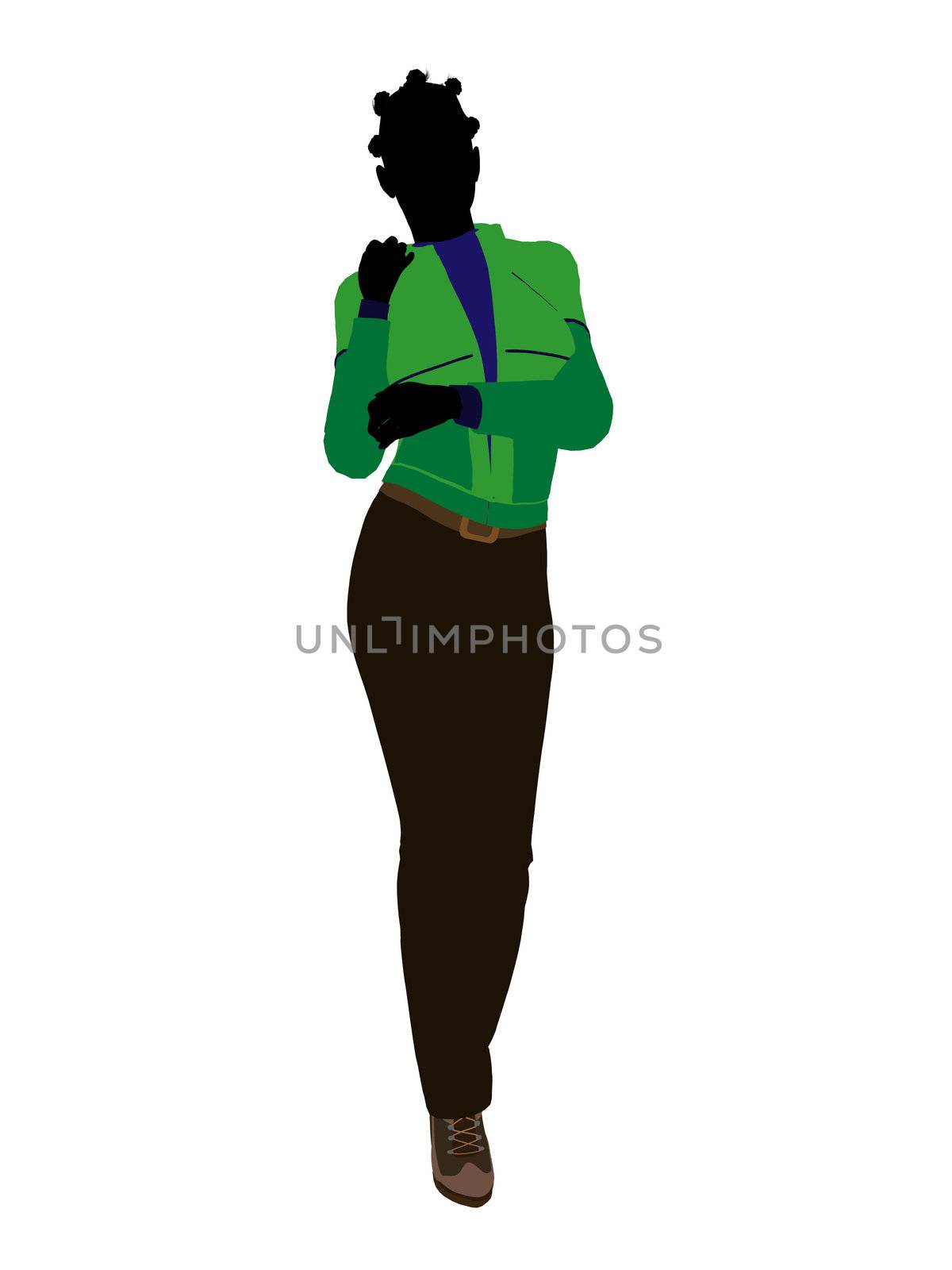 African american casual outdoor dressed female silhouette on a white background