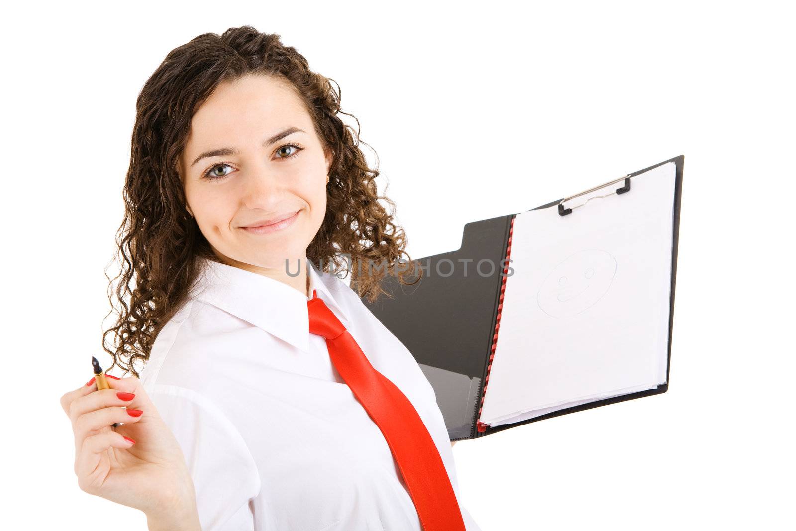 smiling girl with pen and carpet