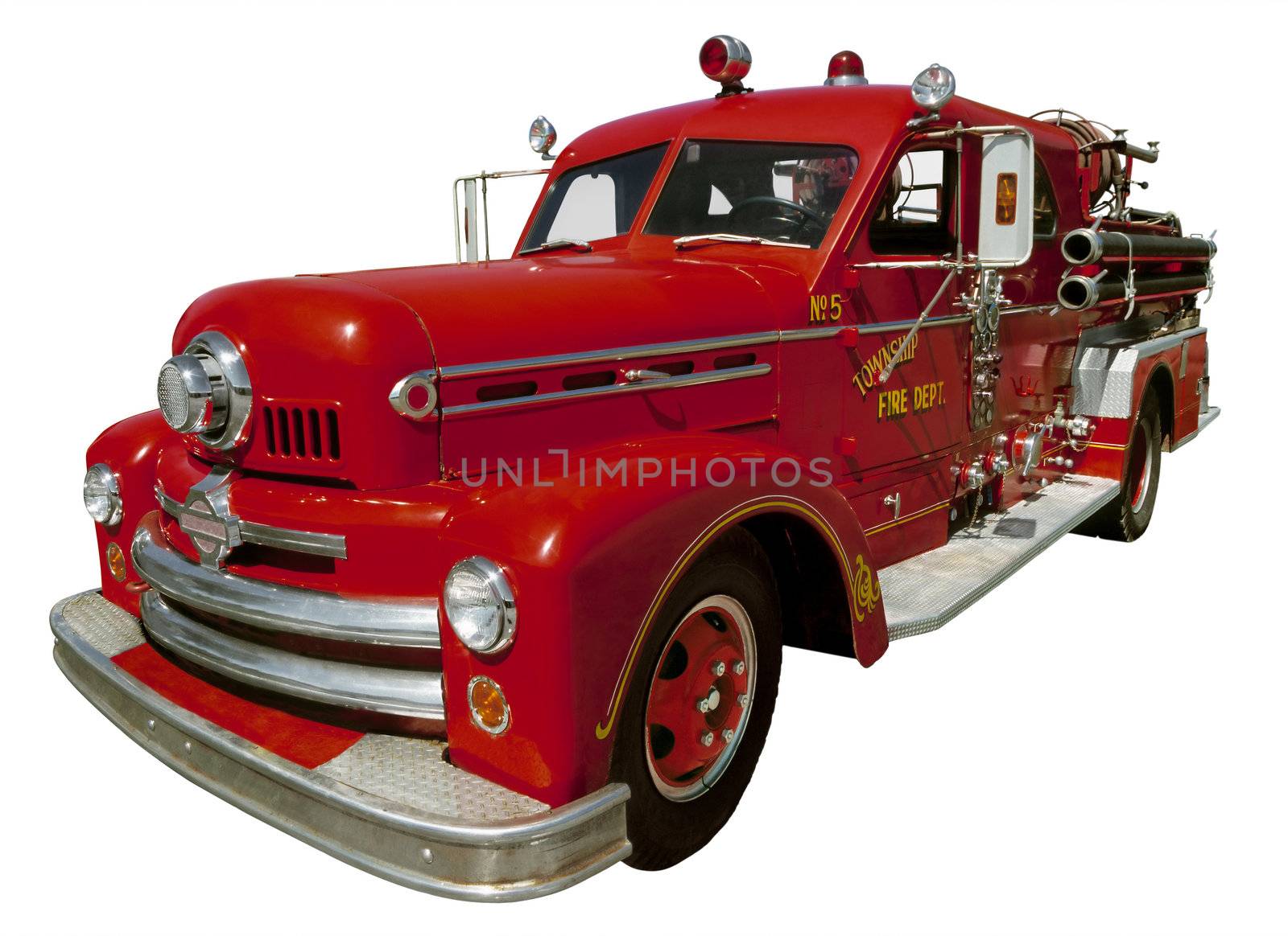 Isolated image of an old firetruck. Drum scanned from transparency.
