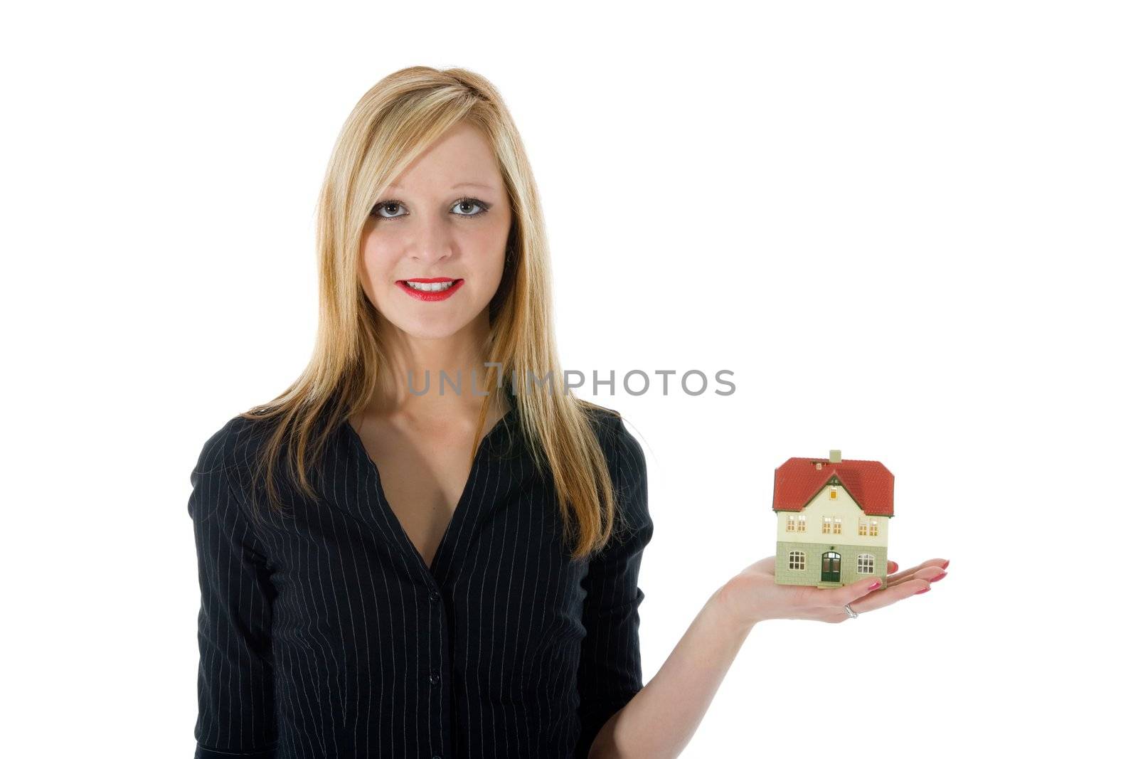 Business woman advertises real estate on white background