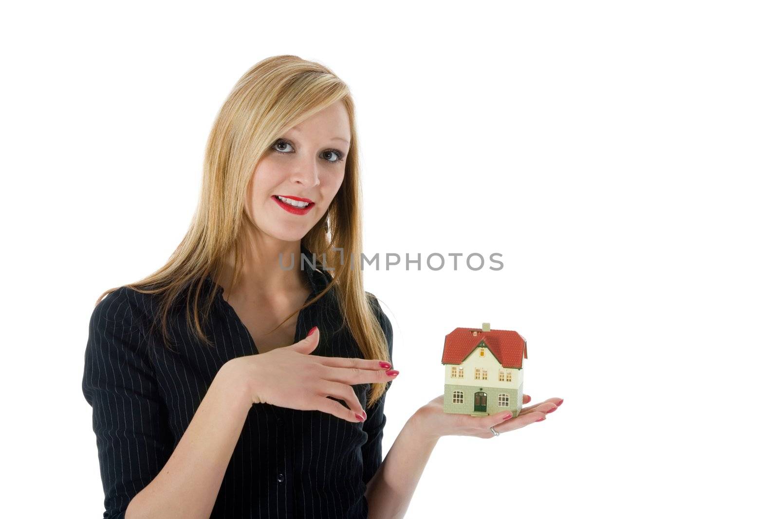 Business woman advertises real estate on white background