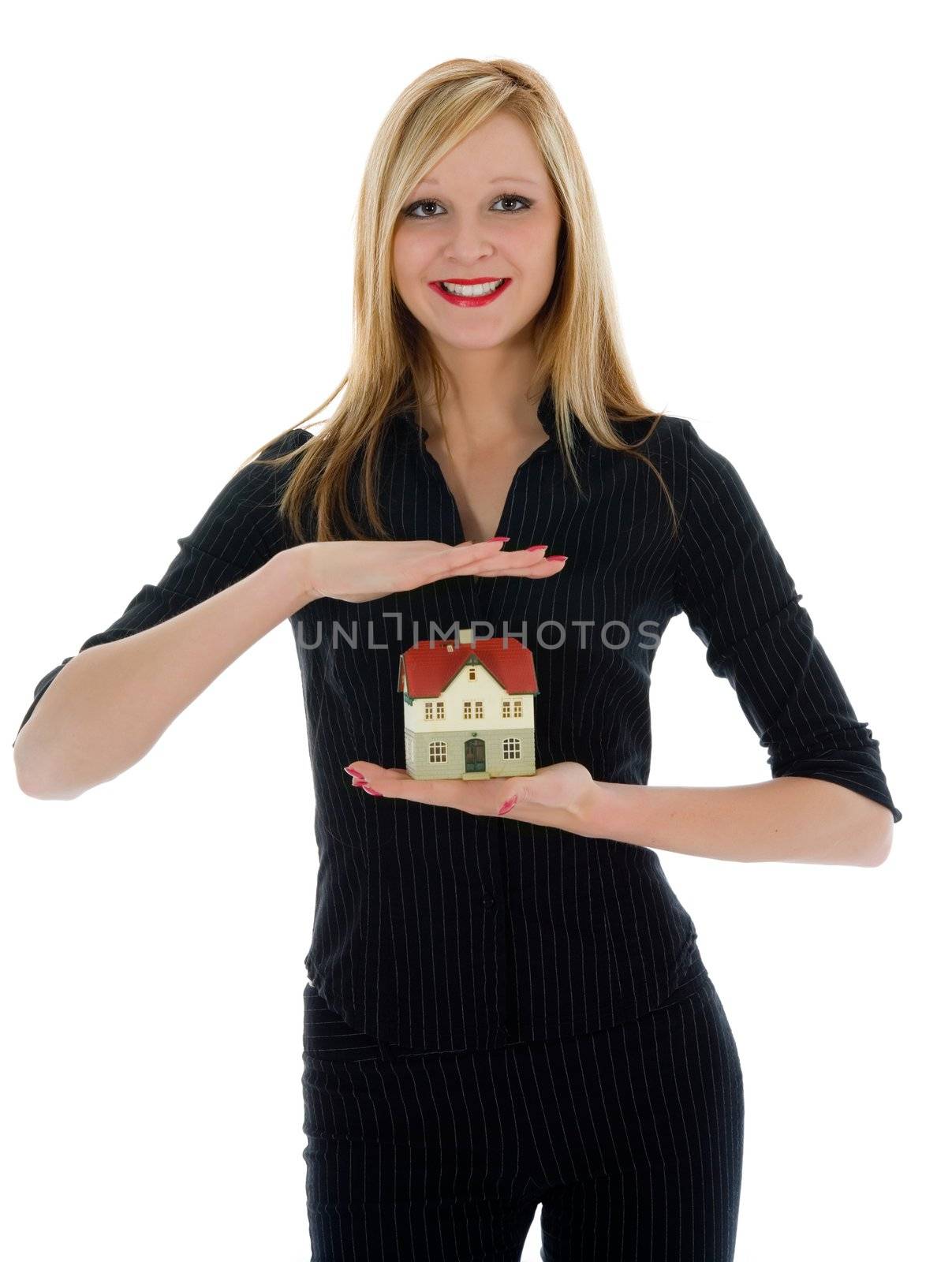 Business woman advertises real estate on white background