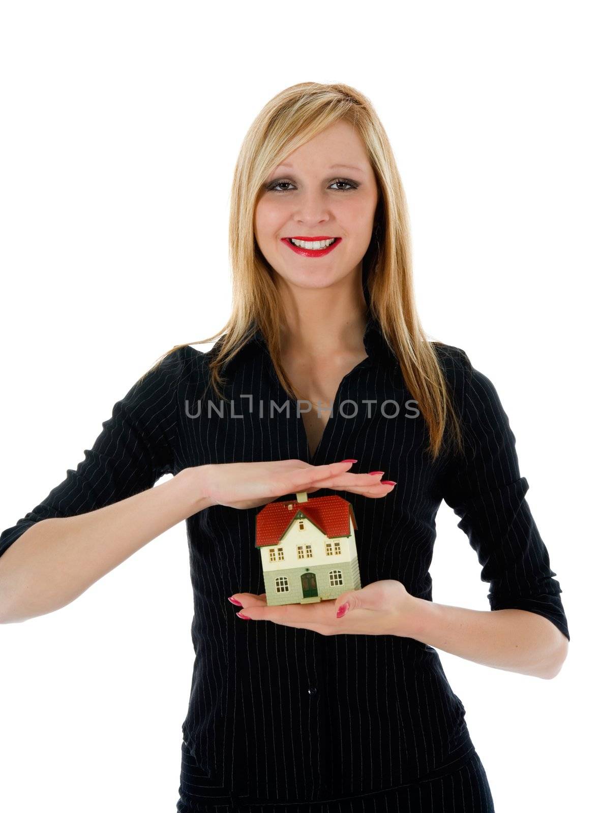 Business woman advertises real estate on white background