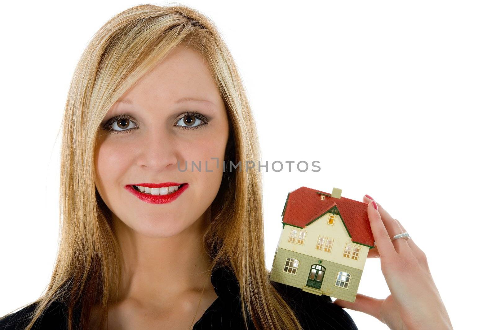 Business woman advertises real estate on white background