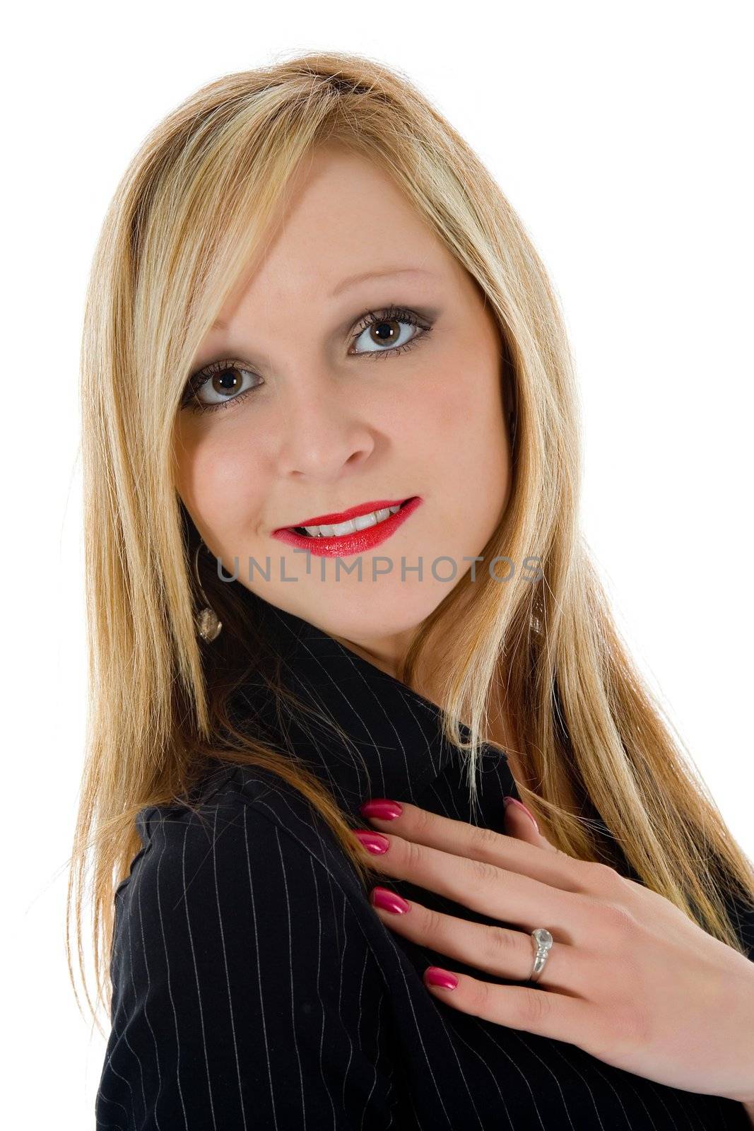 Business woman advertises selling the carsportrait woman on white background