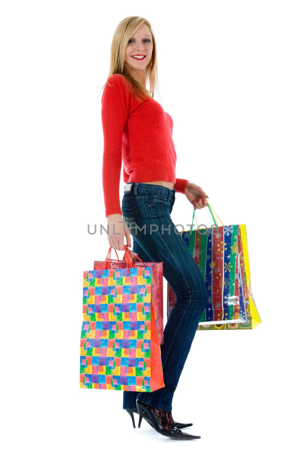 expressive woman  on white background  shopping