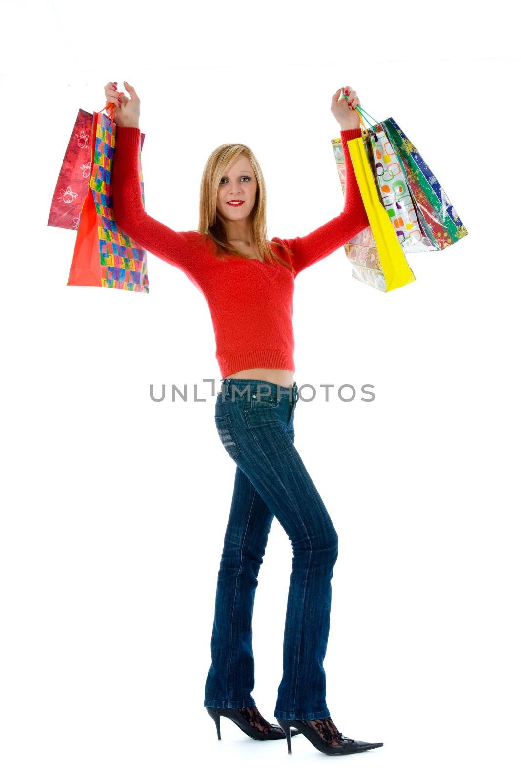 expressive woman  on white background  shopping