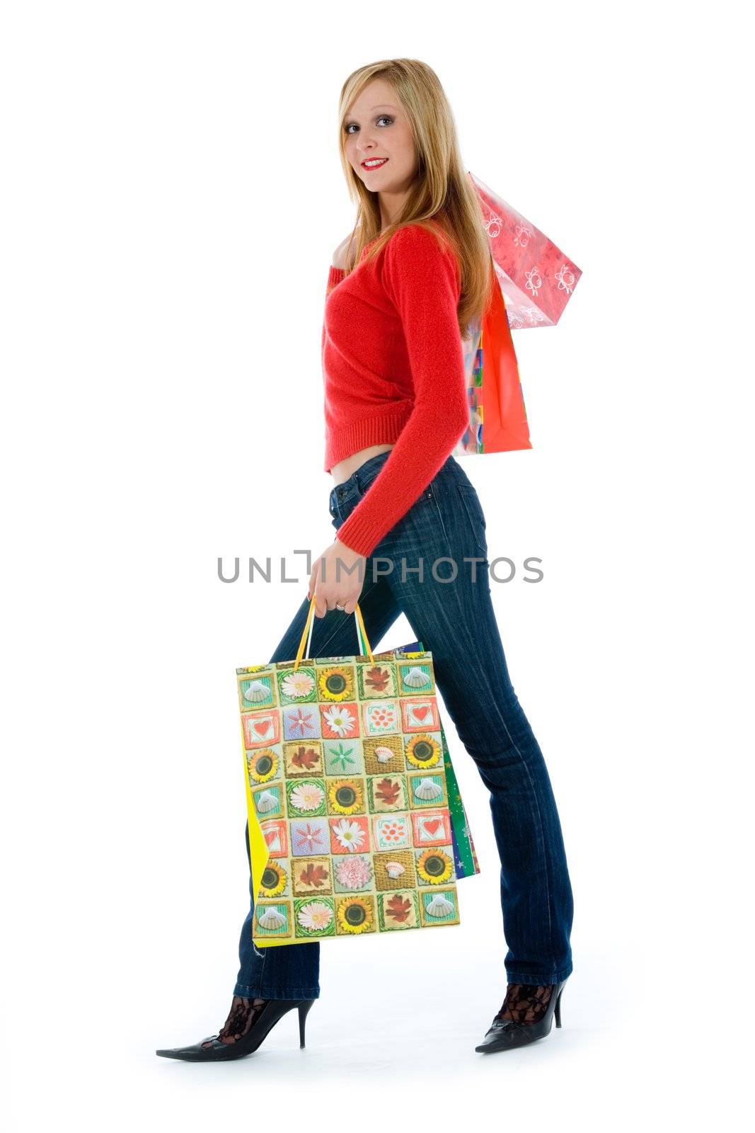 expressive woman  on white background  shopping