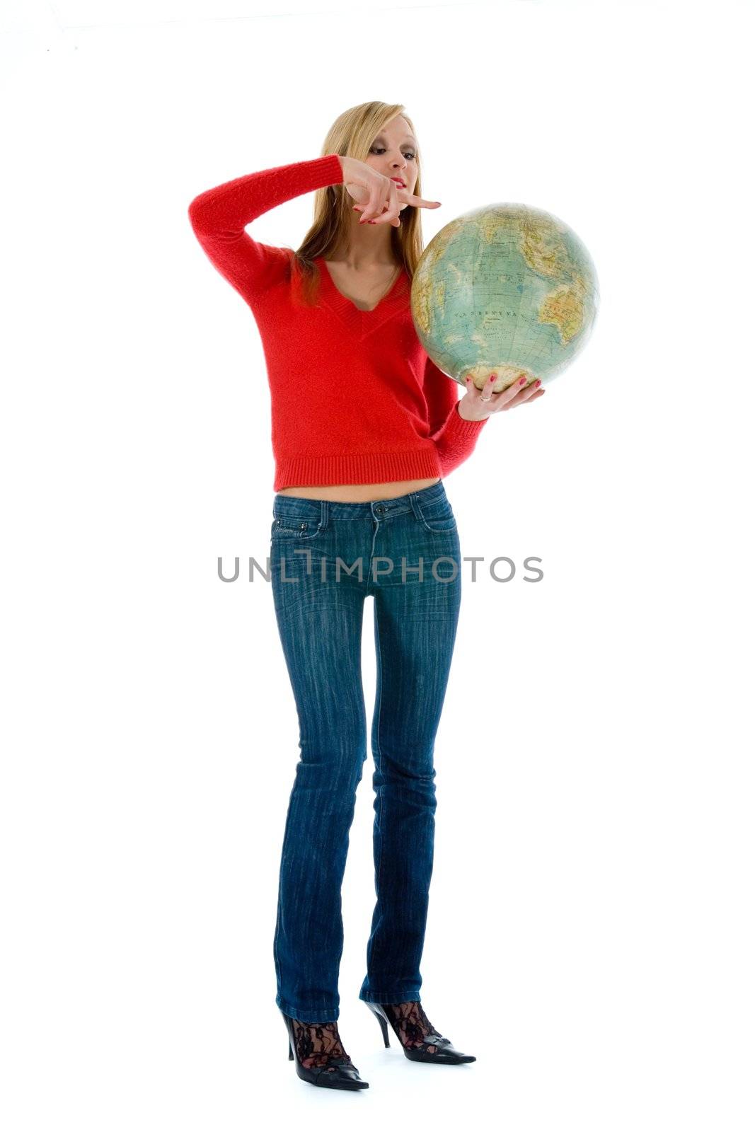 Young woman with  globe on  white  background