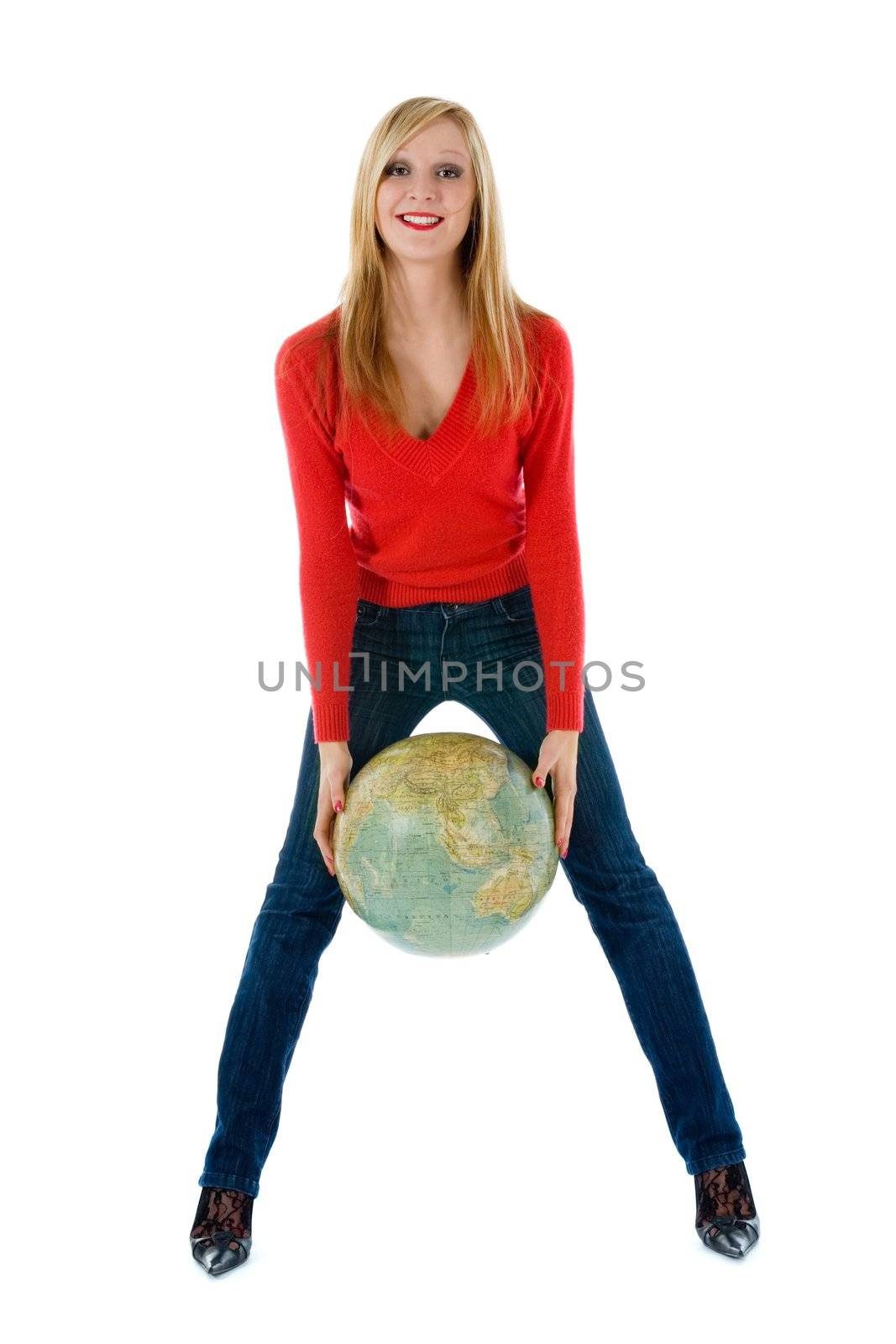 Young woman with  globe on  white  background