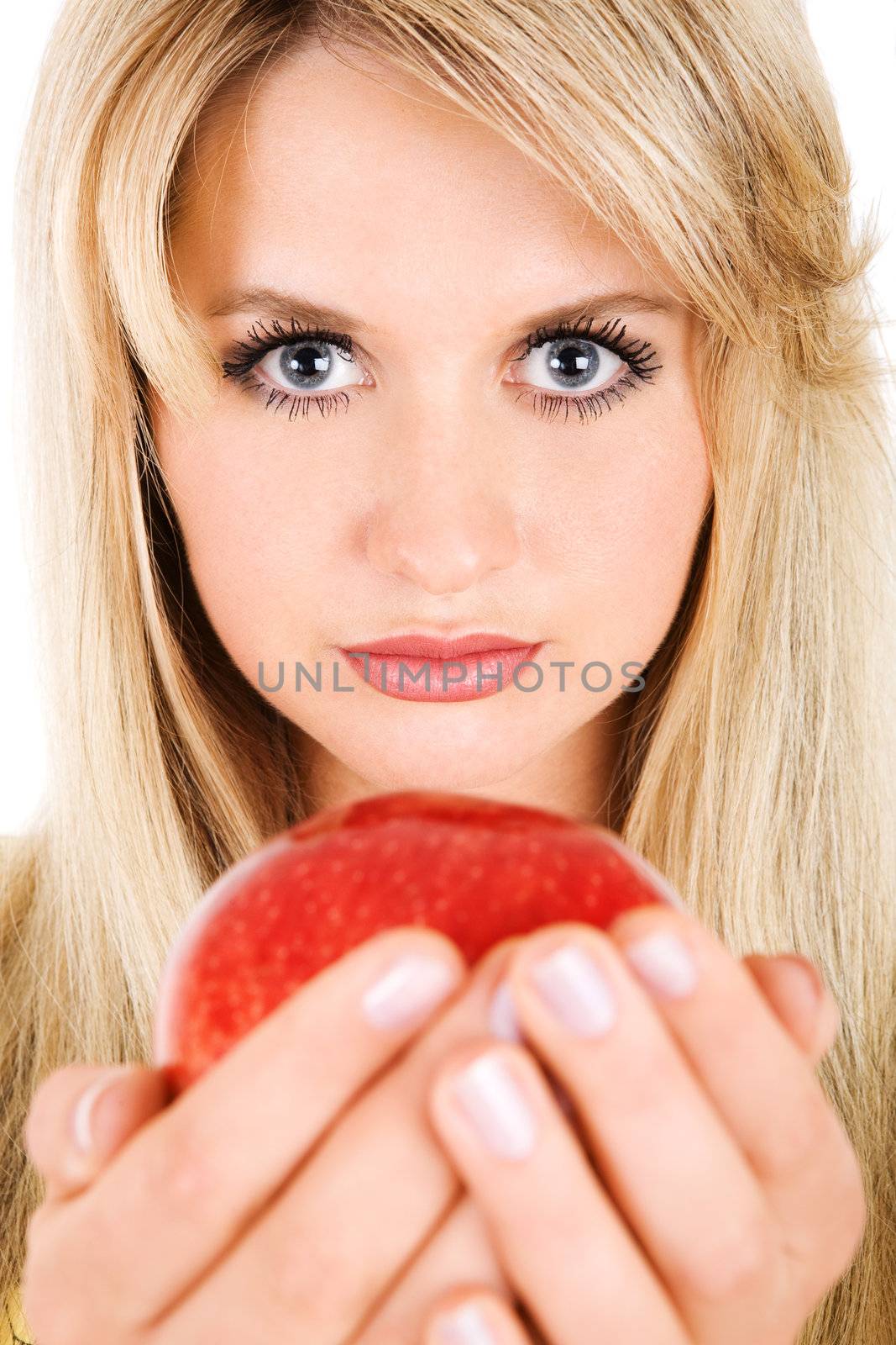pretty blond girl holding a red apple