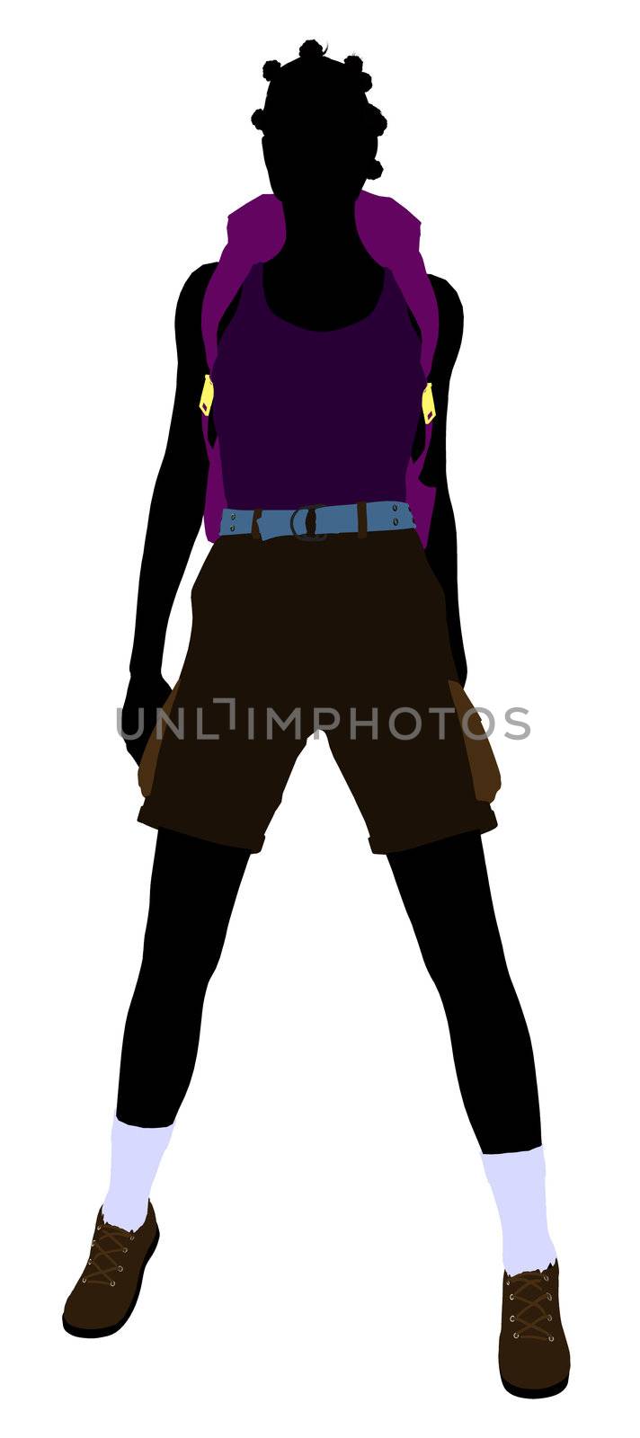 African american girl hiker illustration silhouette on a white background