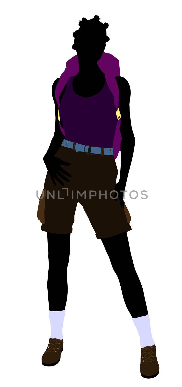 African american girl hiker illustration silhouette on a white background