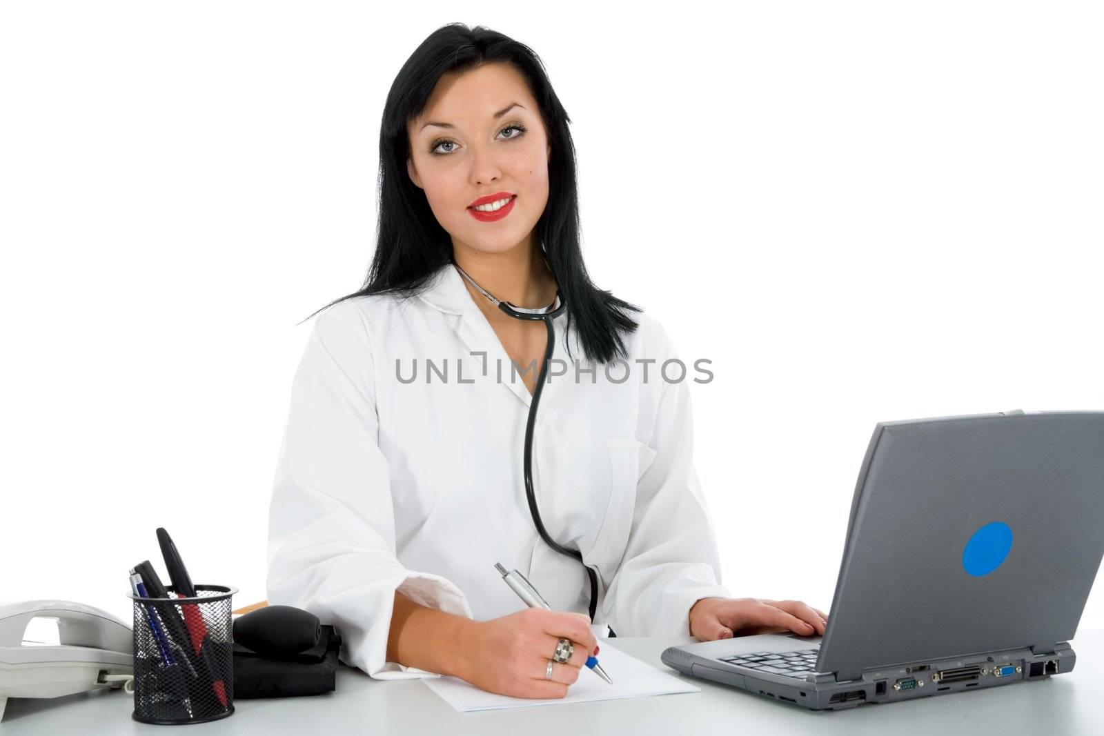 young doctor with stethoscope on white background