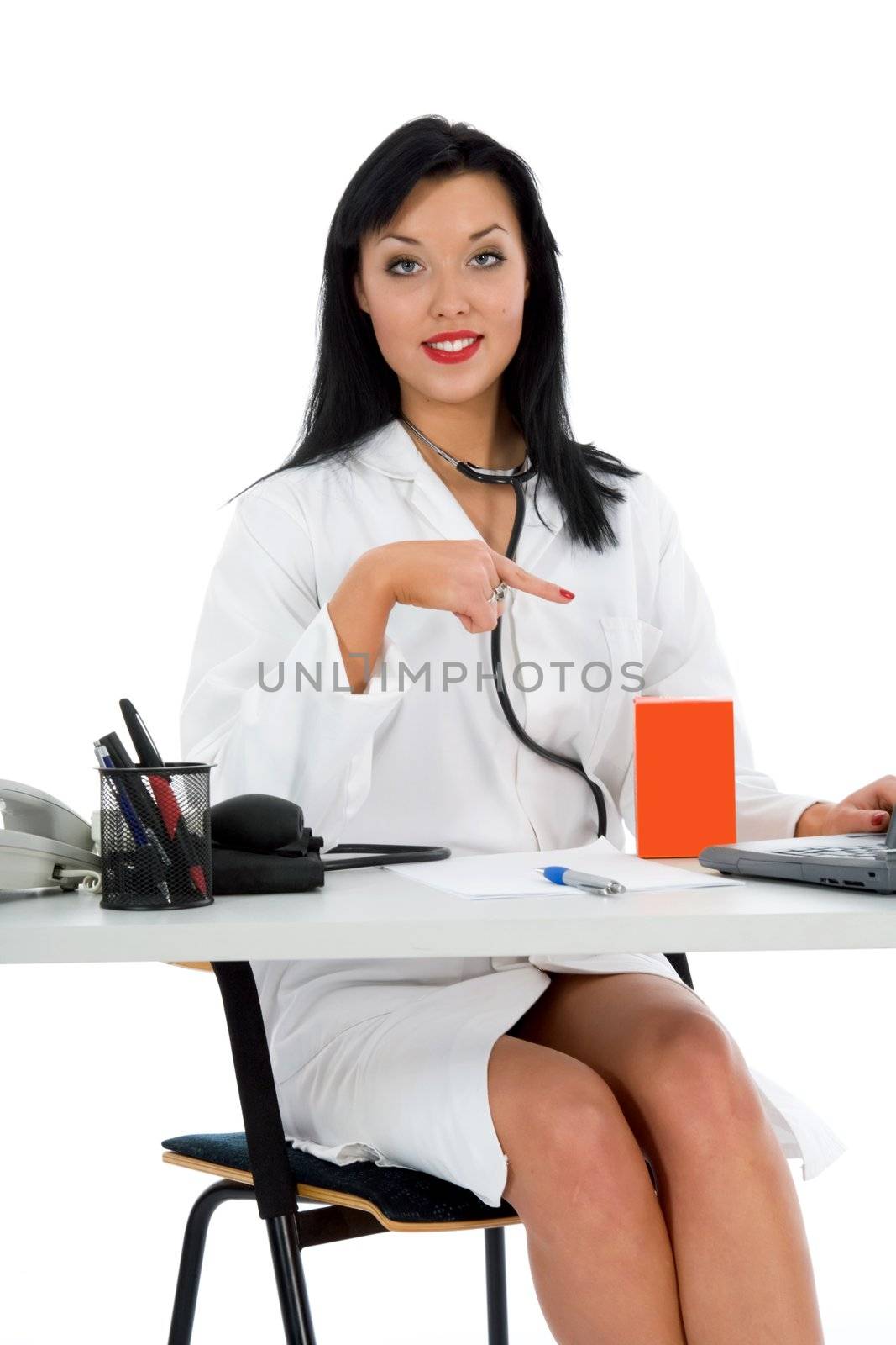 young doctor with stethoscope on white background