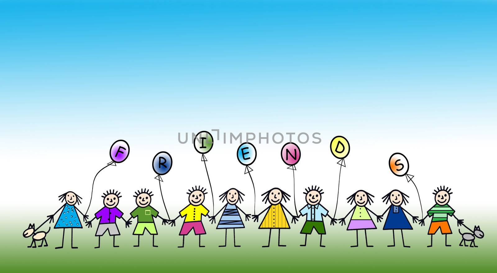 Cartoon illustration of multi kids holding hands