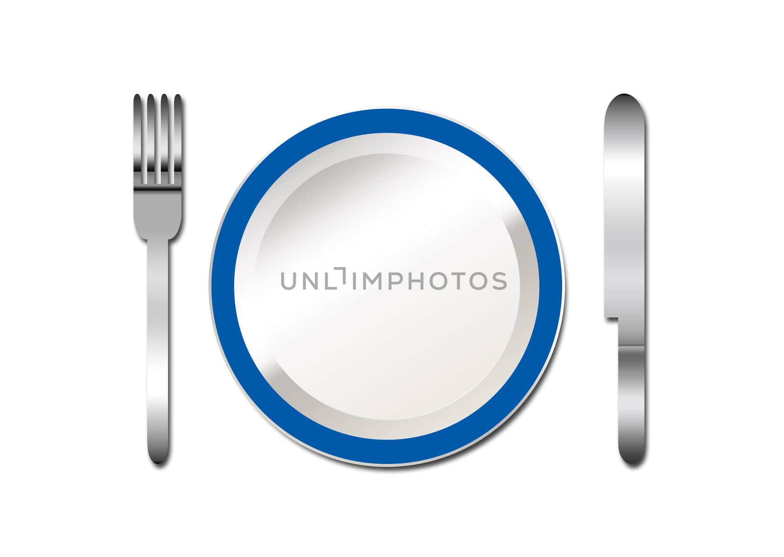 an illustration of a blue rimmed plate with silverware