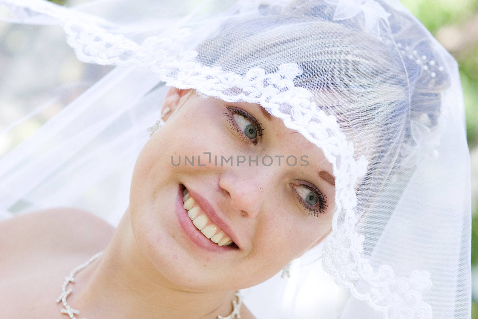 beautiful bride plays with her veil