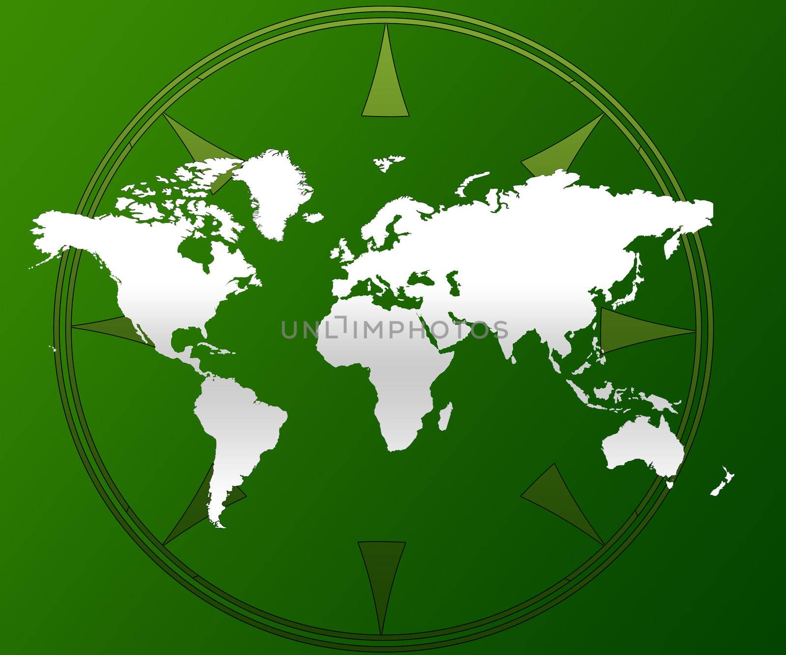 A green and white illustration of a world map and compass